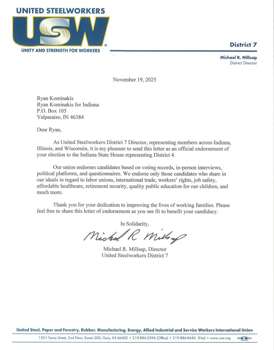RyanKforIndiana's tweet photo. Milestone for our campaign—we’ve officially received the endorsement of USW District 7 Director Michael Millsap! I’m incredibly grateful for his trust and support.

When elected, I will work my ass off to protect workers, and fight like hell for the labor movement! Thanks, Mike!! https://t.co/ZsfqhRQ7zL