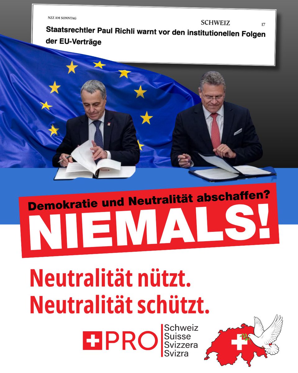Mit dem #EU-Vertrag verlieren wir unsere #Demokratie. Egal, was die EU von uns will, müssten wir uns unterwerfen. Das betrifft schlussendlich auch die Neutralitätspolitik oder Kriegshandlungen der #NATO. Wir wollen frei und unabhängig bleiben – JA zur #Neutralitätsinitiative!