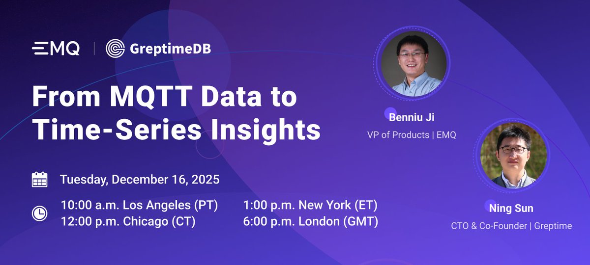 EMQTech's tweet image. Still moving #MQTT data into your #TSDB the hard way?

Join EMQ and @Greptime on Dec 16 to learn how EMQX Tables brings built-in, fully managed time-series analytics without extra databases.

👉 Save your spot and transform your #IoT data pipeline: buff.ly/Fpn4lhA