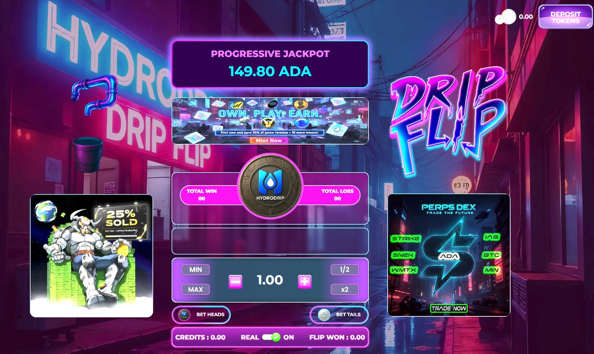 dripflip.hydrodrip.io Progressive $ADA Jackpot is 149.8 ADA. Min bet is just 1 ADA!