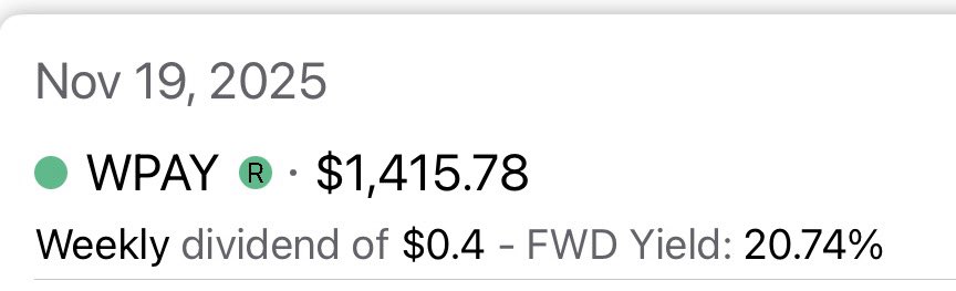 paradisemint's tweet image. Only 1 incoming dividend today. $WPAY. 

Market is down and I can respect roundhill cutting the distribution rather than paying out an unrealistic payout. This equates out to a $38.29% APR which is still one hell of a return. 

For me, even if it stayed at this payout it would…