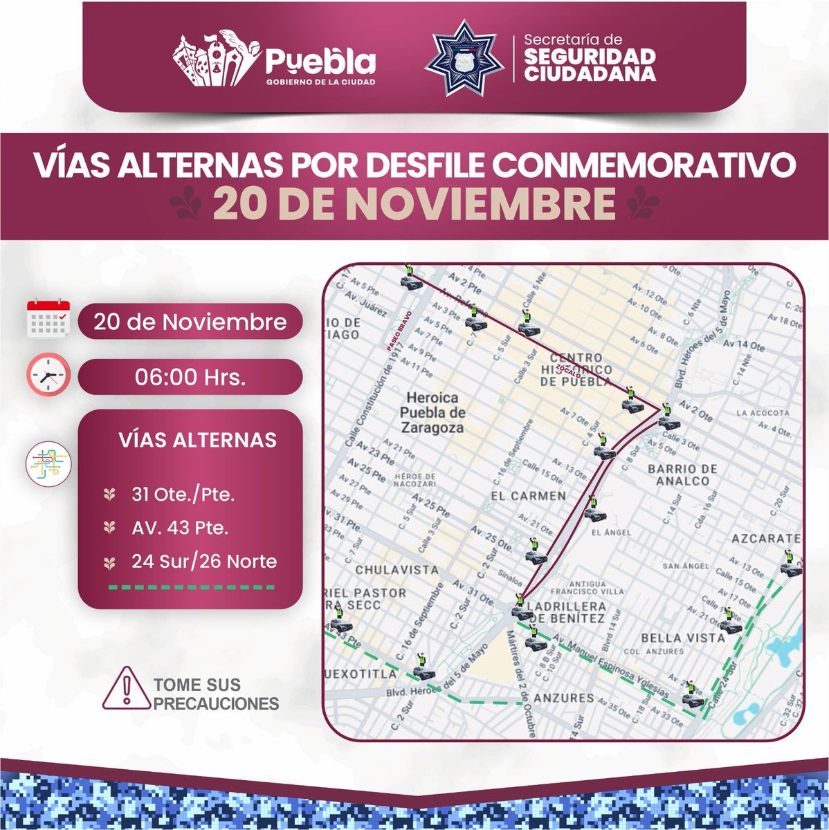 🚗 PLANEA TU RUTA POR DESFILE REVOLUCIÓN MEXICANA 🇲🇽

Atención: 🤠 Este 20 de noviembre el Centro Histórico tendrá cierres por la conmemoración del 115° Aniversario de la Revolución Mexicana. 🚓 Si te diriges a la zona: Utiliza vías alternas.🛣️Anticipa tu tiempo de traslado.