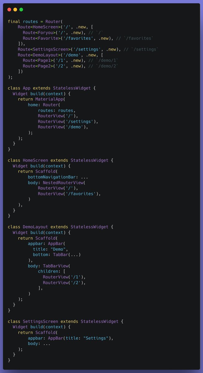 shiweidu's tweet image. It took me a few minutes to design this; this is how routes should look. And the parent, as a layout, shouldn&apos;t be rebuilt. The RouterView acts as the route rendering container.

github.com/flutter-it/rou…
#FlutterDev #Router #Routes @Thomasburkhartb