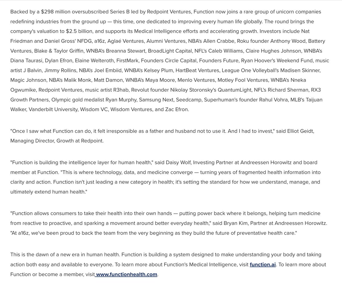 a16zclf's tweet image. Congrats to the @function team!

It’s been amazing to watch the team&apos;s progress up close since the early days. We&apos;re proud to play a role bringing together an incredible lineup of cultural leaders who believe deeply in the company&apos;s mission. Excited for the next chapter!