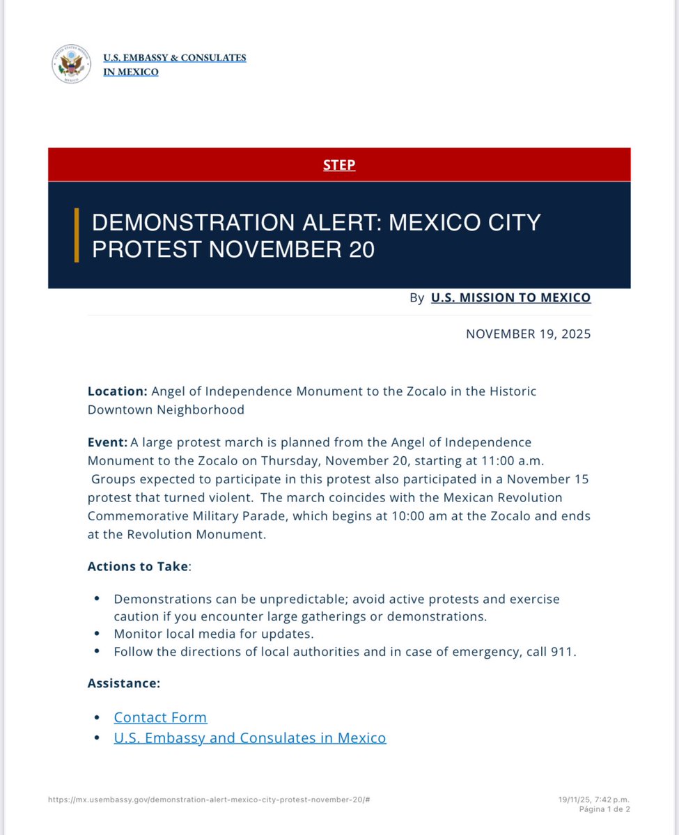 👀😱 🇺🇲 La embajada de EEUU en México emitió una alerta por la marcha prevista para este jueves 20 de noviembre convocada por la GEN Z. Recomienda a la comunidad estadounidense evitar las protestas, mantenerse atenta a su entorno y usar rutas alternativas en caso de encontrarse
