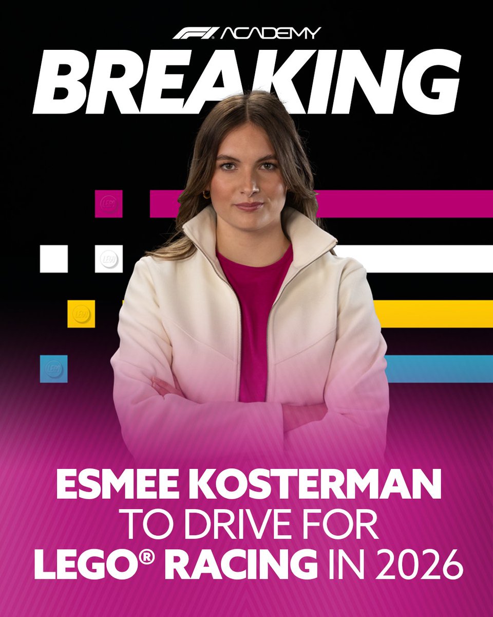 f1academy's tweet image. BREAKING

LEGO Racing joins the F1 Academy grid in 2026, with Dutch driver Esmee Kosterman confirmed behind the wheel. 🏎️

Unveiled today in Las Vegas, the partnership brings a new livery, a new driver and our first LEGO set together. ✨

@LEGO_Group 
#F1Academy #LasVegasGP