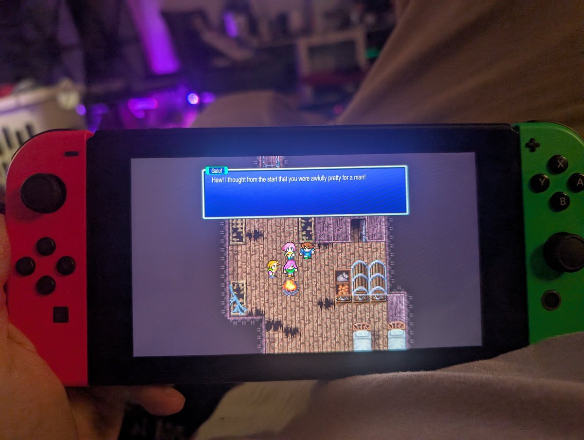 I ain't no homophobe but hol'up here...

⚠️ MILD SPOILERS ⚠️

I'm 2 hours into FFV

Faris, the pink-haired pirate is introduced as a dude, presumably 

There's a scene where you go to collect him from the town bar prior to setting sail and he's sleeping 

💕 All the male party