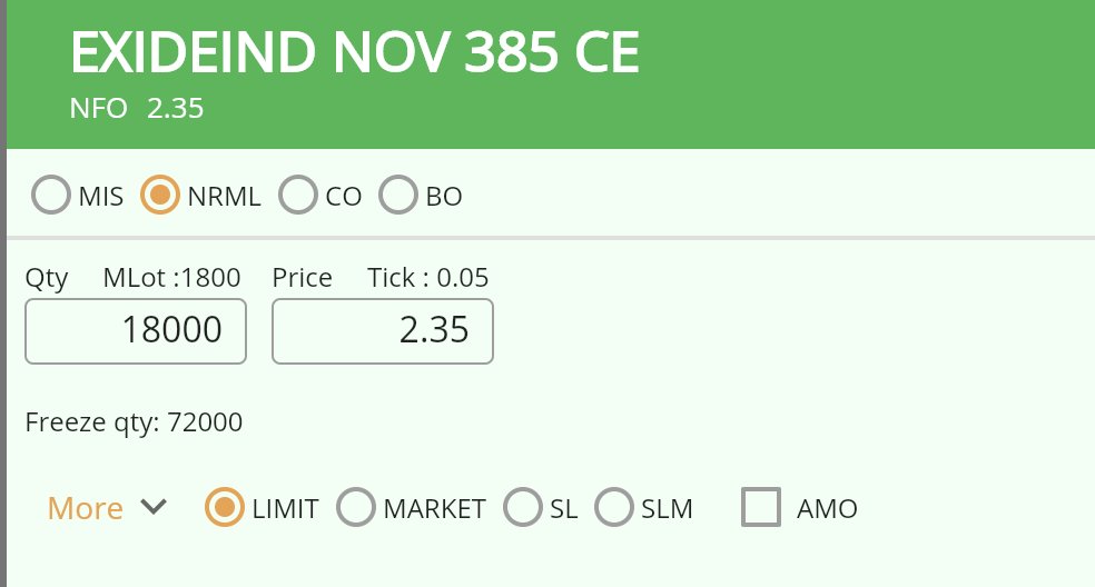 TweetOfTrader's tweet image. #exide #Exideind

385 CE CMP 2.35 with small stop 1.65

Add to watchlist !!

#APOLLOHOSP #NTPC #HDFCLIFE #TCS #Crudeoil #OFSS #HEROZERO #optionbuying #Nifty50 #TrustGod #StockMarket #StocksToBuy #banknifty #kotakbank #StocksToWatch #FOMC #Niftypsubank #gold $gold #Silver…