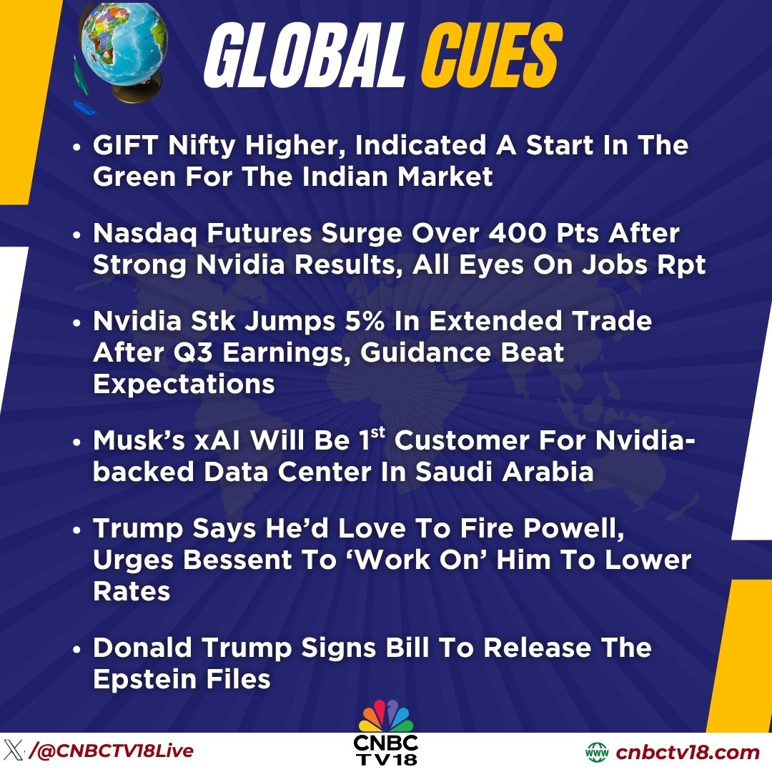 KTechtrader's tweet image. #MarketCues | Here&apos;s how the global market cues are placed this morning on #Nvidia’s strong earnings, Fed minutes &amp;amp; ahead of US Jobs data🚨🔽  

--#BLS says, full Oct jobs data won’t be released, available figures to be included in next rpt
#nifty #sensex #preopenmarket