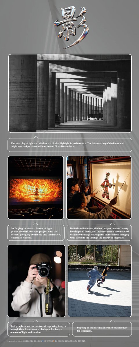 The Chinese character “影” (pronounced “ying,” meaning “shadow”) is used to describe shadows and images. In Beijing, shadows work as an invisible painting brush to outline the city’s various facets in days and nights.
Click picture to learn more.