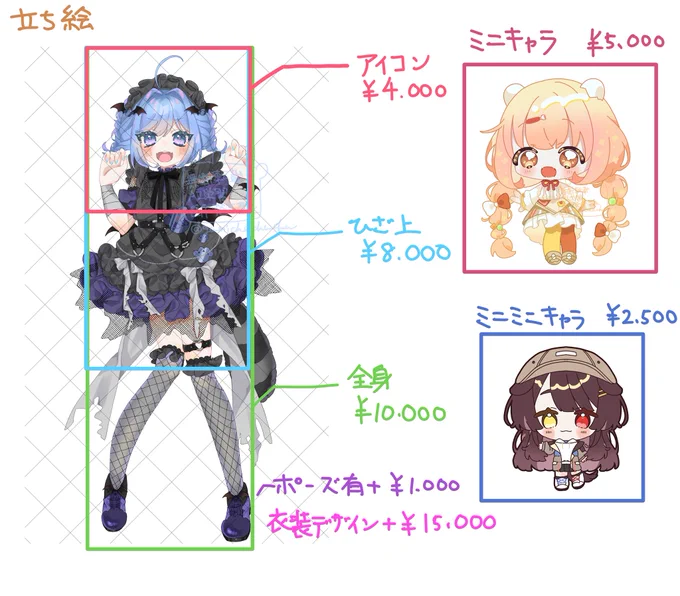 有償のご依頼を受ける際の料金表を作りました!!
こちらにオプションでつけたり消したりでお値段の変動がある場合も御座いますので、まずはお見積もりだけでもDMを頂けましたら幸いです!
書き忘れてしまったのですが、お支払い形式は振込の先払いになっております!よろしくお願い致します! 