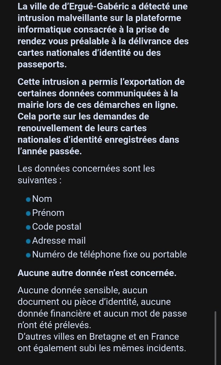 🚨🔴CYBERALERT 🇫🇷FRANCE🔴 | Deux nouvelles villes (Bretagne) ont vu aussi leur plateforme de prise de RDV pour des papiers d'identité piratée...  👇🏾

La liste des villes piratées s'allonge... Et tjrs pas de communiqué officiel des autorités sur ce sujet !

L'épicentre de la