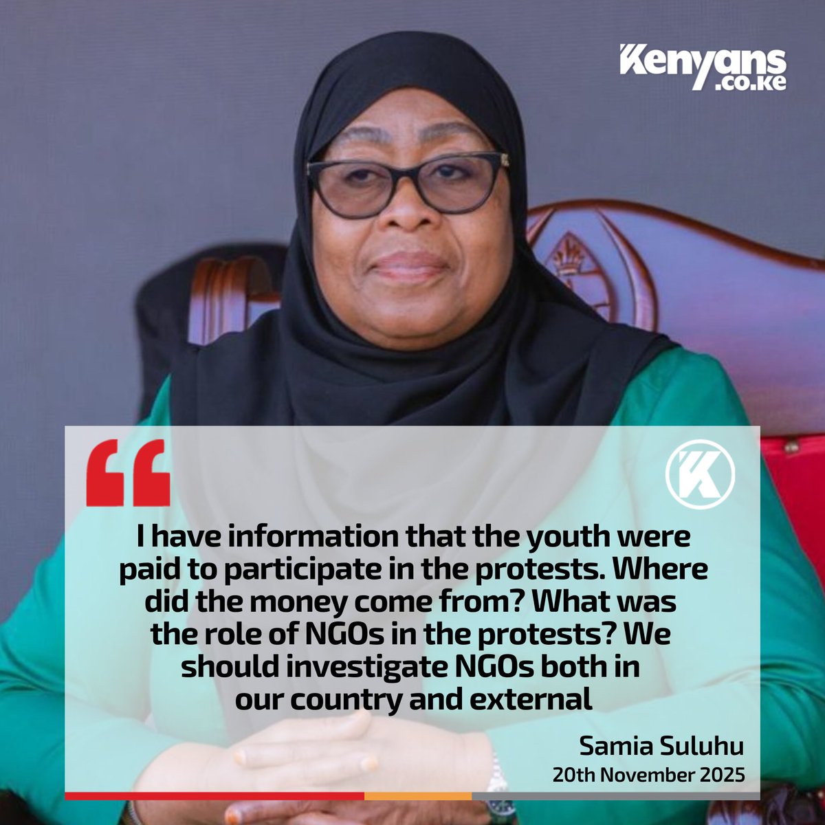 Kenyans's tweet image. I have information that the youth were paid to participate in the protests - Samia Suluhu