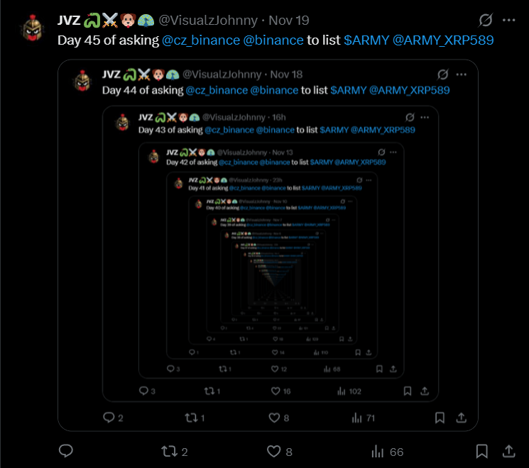 Day 46 of asking <a href="/cz_binance/">CZ 🔶 BNB</a> <a href="/binance/">Binance</a> to list $ARMY <a href="/ARMY_XRP589/">$ARMY</a>