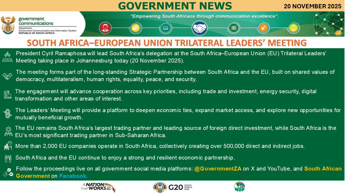 [Government News🗞]
President Cyril Ramaphosa leads South Africa’s delegation today at the South Africa–EU Trilateral Leaders’ Meeting in Johannesburg, a significant moment for advancing our national interests on the global stage.

This engagement strengthens our long-standing