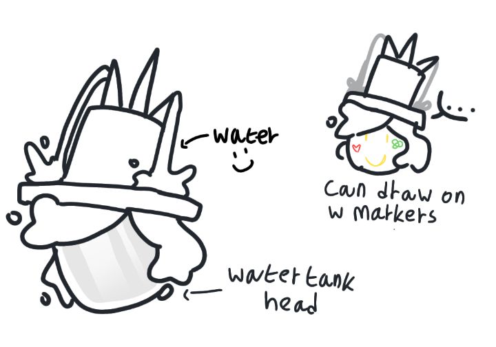 Razuatixfanreal's tweet image. A poorly drawn Crazyblox hc... So i make his hat a fountain👀 the water comes from inside his head which act as a transparent watertank #robloxdevtwt