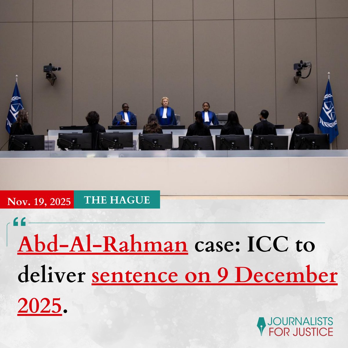 The <a href="/IntlCrimCourt/">Int'l Criminal Court</a> will, on December 9, 2025, deliver the sentencing judgment Mr #AbdAlRahman, who was found guilty of crimes against humanity and #warcrimes committed in #Darfur #Sudan, between August 2003 and April 2004. #JFJUpdates