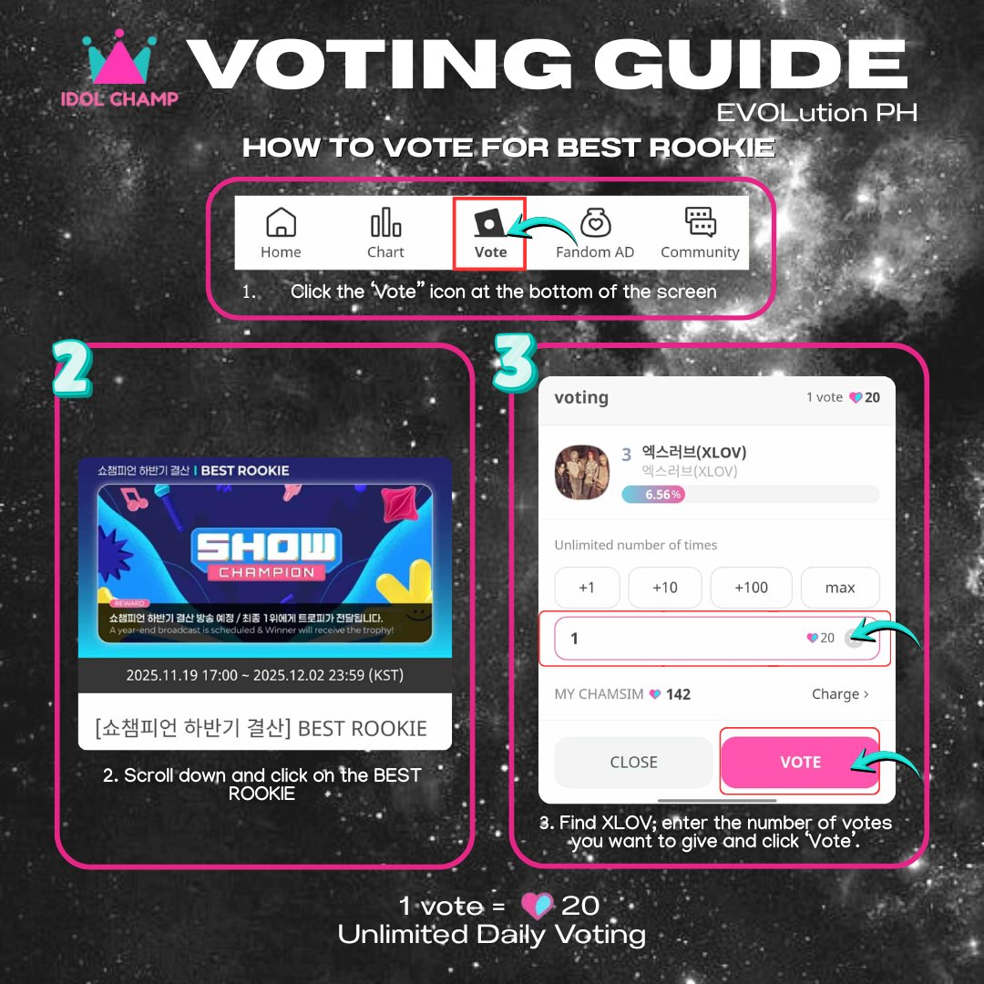 phevolution_'s tweet photo. ๐ข๐ขEVOLs, here's a quick voting guide on how to vote on IDOL CHAMP!
Reminder that๐chamsims expires on the 1st of every month. Dont forget to use it to vote before it expires !
#XLOV #์์ค๋ฌ๋ธ #EVOLutionPH #EVOLveWithXLOV #WUMUTI #RUI #HYUN #HARU https://t.co/YdYGcK8Kj1