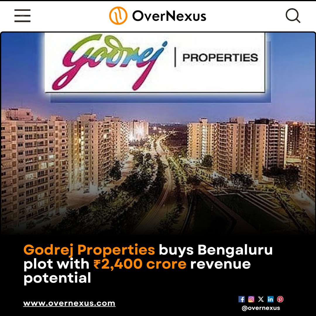 overnexusbiz's tweet image. Godrej Properties acquired a 3.8-acre land parcel on Sarjapur Road, Bengaluru, with Rs 2,400 crore revenue potential and 2 msf development potential, enhancing a larger residential project. The total project spans 30 acres.

#OverNexus #GodrejProperties #Bengaluru #RealEstate