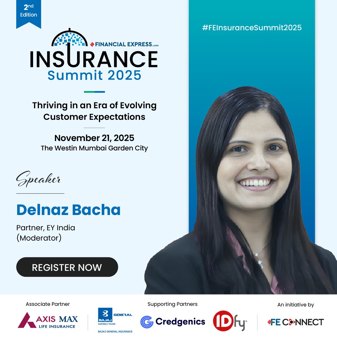 We are elated to have Delnaz Bacha, Partner, <a href="/EY_India/">EY India</a>, as a moderator for the 2nd Edition of the FE Insurance Summit 2025.

November 21, 2025 | The Westin Mumbai Garden City 
Register now: shorturl.at/ShC5w

<a href="/AxisMaxLifeIns/">Axis Max Life Insurance</a> | @Credgenics | <a href="/bajajgeneral/">Bajaj General Insurance</a> | IDfy #FEConnect