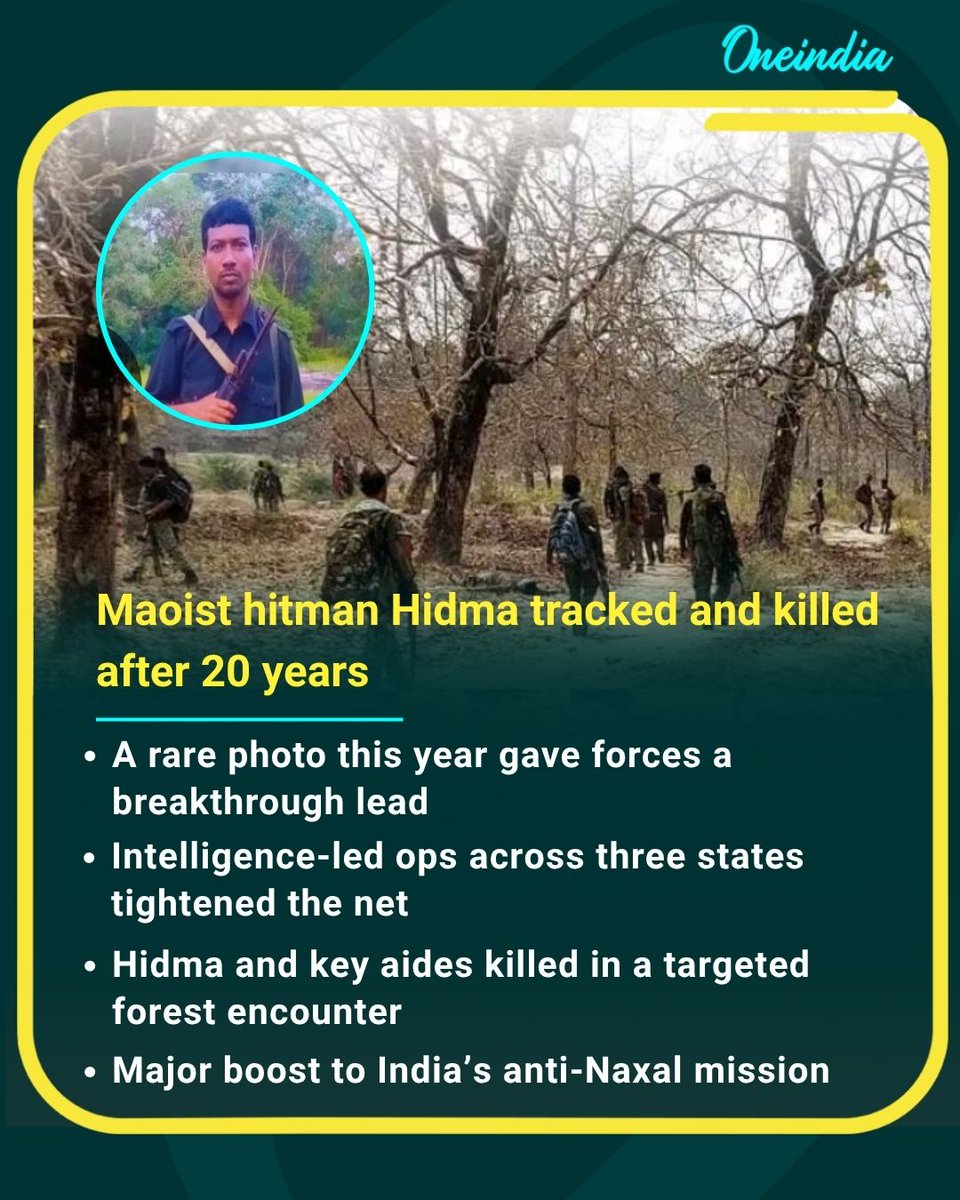 Oneindia's tweet image. After two decades underground, Hidma was finally cornered through sharp intelligence and precise action.

#Hidma #SecurityForces #Naxalism #IndiaSecurity #NewsUpdate #OI