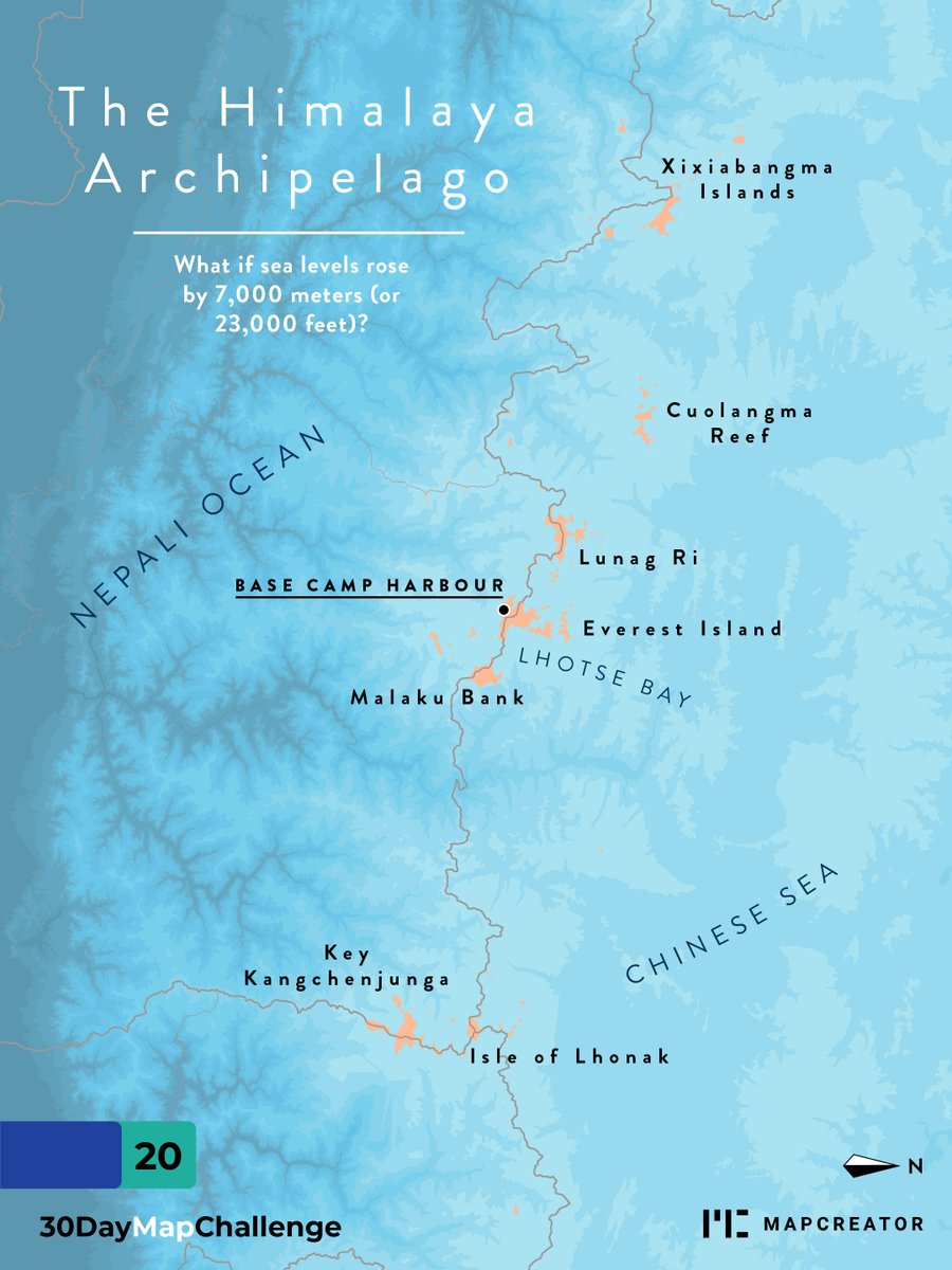 mapcreator_io's tweet image. What if water levels rose to extreme heights? The Himalayas would turn into a true archipelago, complete with tropical beaches. 🏝️#30daymapchallenge #mapmaking #Himalayas