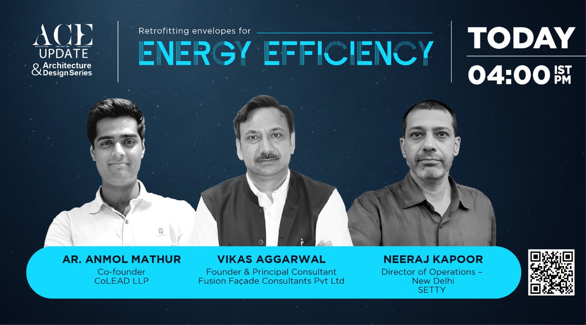 aceupdatemag's tweet image. Join our exclusive zoom session on &quot;Retrofitting building envelopes for energy efficiency&quot; for an insightful discussion.

Register: lnkd.in/dPCyKDgH

Speakers:
Ar. Anmol Mathur
Vikas Aggarwal
Neeraj Kapoor

Date &amp;amp; Time: Today, 20th Nov 25, 4.00 to 5.30 PM IST

#ACEUpdate