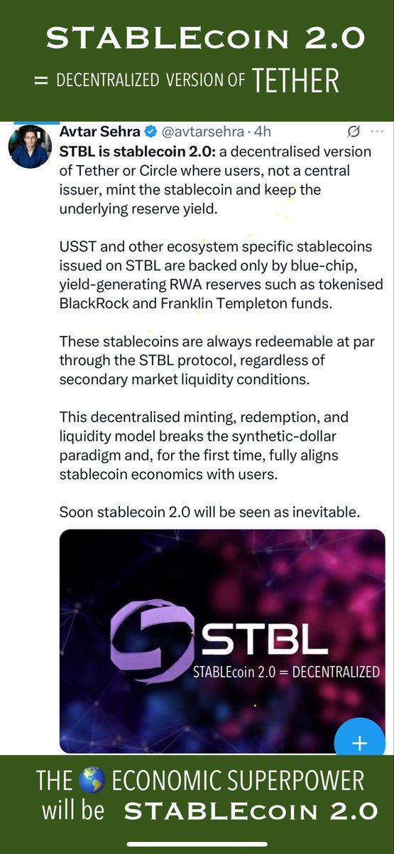 BudRante's tweet photo. @CNBCnow $BTC
Real #Crypto 🌍 #ECONOMIC
SUPERPOWER will have its OWN
#STABLEtoken
#USA 🇺🇸 1st country with
#ESS Ecosystem Specific Stablecoin
@realDonaldTrump @SenLummis 
NOT dependent on the any #MARKET direction✅ $BTC #Nasdaq #DowJones 
ASK @Reeve_Collins

@stbl_official $STBL https://t.co/NAZSxHo5TA