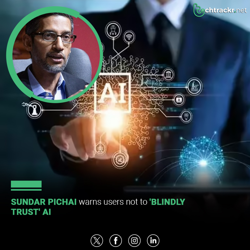 TechTrackr_net's tweet image. Sundar Pichai warned users not to “blindly trust” AI, noting current models still make mistakes. His comment follows the May 2025 rollout of Gemini-powered AI Mode in Search.

#SundarPichai #Google #AI #Gemini #AIMode #TechNews #AIWarning #Innovation #TechTrackr #TechNews