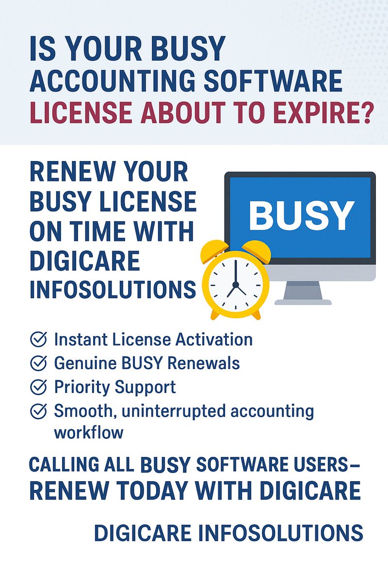 Digicareinfosol's tweet image. Is Your BUSY Accounting Software License About to Expire?
An expired BUSY license can cause ur interruption in business
Renew ur BUSY License on time with Digicare Infosolutions
Call us 9899603501, 9899240808
#BusySoftware #BusyRenewal #BusyAccounting #DigicareInfosolutions