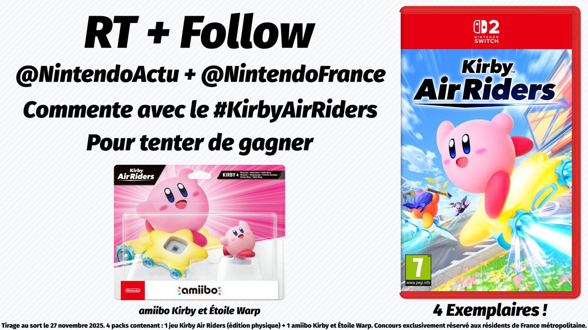 NintendoActu's tweet image. [CONCOURS 🎁] Tentez de gagner 4 packs contenant le jeu Kirby Air Riders + un amiibo Kirby et Étoile Warp !

Pour participer :
- RT + Follow @NintendoActu et @NintendoFrance
- Commente ton personnage de l’univers Kirby préféré avec #KirbyAirRiders !

4 gagnants ! Tirage le 27/11.