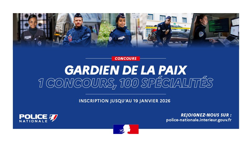 #DevenirPolicier | Vous souhaitez rejoindre nos rangs ? Les inscriptions au concours de gardien de la paix sont ouvertes jusqu’au 19 janvier 2026. 🚓
Retrouvez toutes les informations sur le concours en suivant ce lien :
➡️ urls.fr/_OfA-U