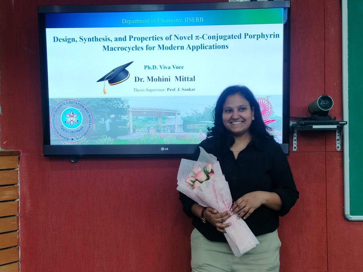 Thrilled to share that I’ve successfully defended my PhD! Years of work on porphyrin macrocycles came beautifully. Grateful to Prof. V. G. Anand (external), my supervisor Prof. J. Sankar, and all committee members for their support. <a href="/iiserbhopal/">IISER Bhopal</a> <a href="/jesankar/">Sankar Lab</a> <a href="/chm_iiserb/">Dept of Chemistry, IISER Bhopal</a>