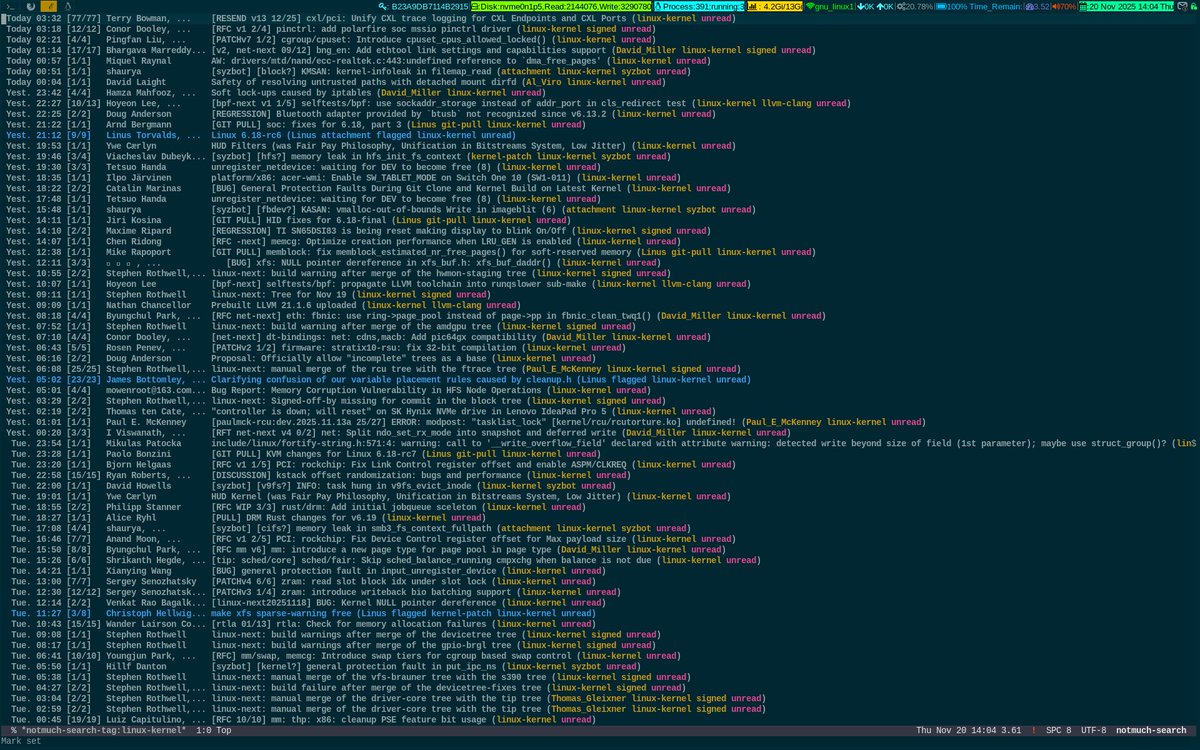 unixbhaskar's tweet image. Ah, sipping hot lemon tea 🍋🫖 and giving this damn thing a stare ....😜

#linuxkernel #mailinglist #tool #emacs #notmuch #opensource