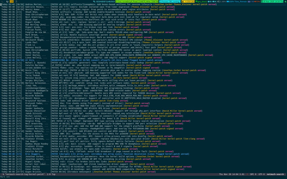 unixbhaskar's tweet image. Ah, sipping hot lemon tea 🍋🫖 and giving this damn thing a stare ....😜

#linuxkernel #mailinglist #tool #emacs #notmuch #opensource