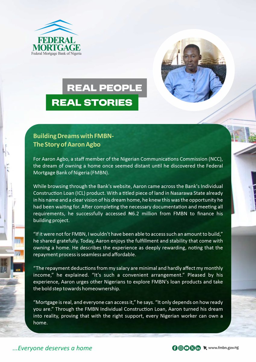 fmbnnigeria's tweet image. Aaron Agbo applied for, and received, N6.2 million as Individual Construction Loan to finance the construction of his home in Nasarawa. With convenient monthly repayment, he now stands tall as a proud homeowner without having to worry about rent or Landlord &apos;wahala.&apos;

#NHF