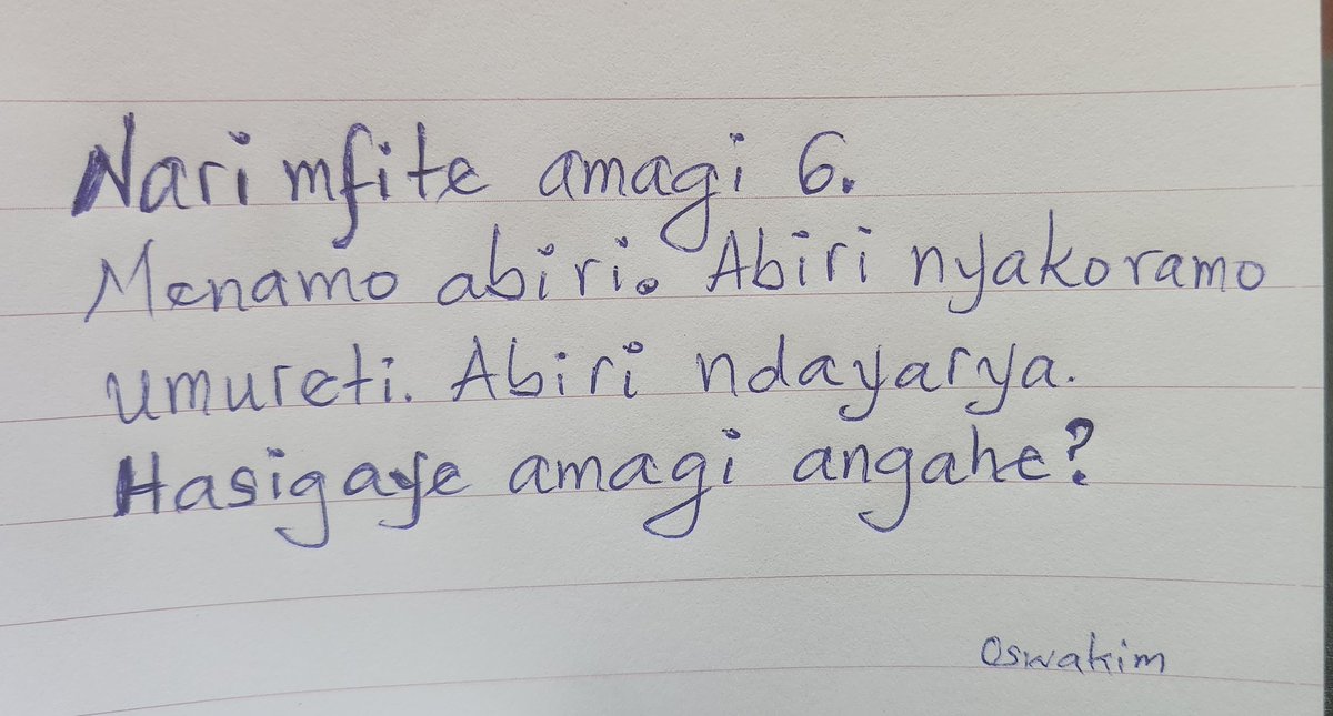 oswaki's tweet image. Ibaze iki kigutsinze! 

Nari mfite amagi 6. Nyuma mena abiri. Abiri nyakoramo umureti. Ndyamo abiri. Hasigaye angahe?

Amahirwe!