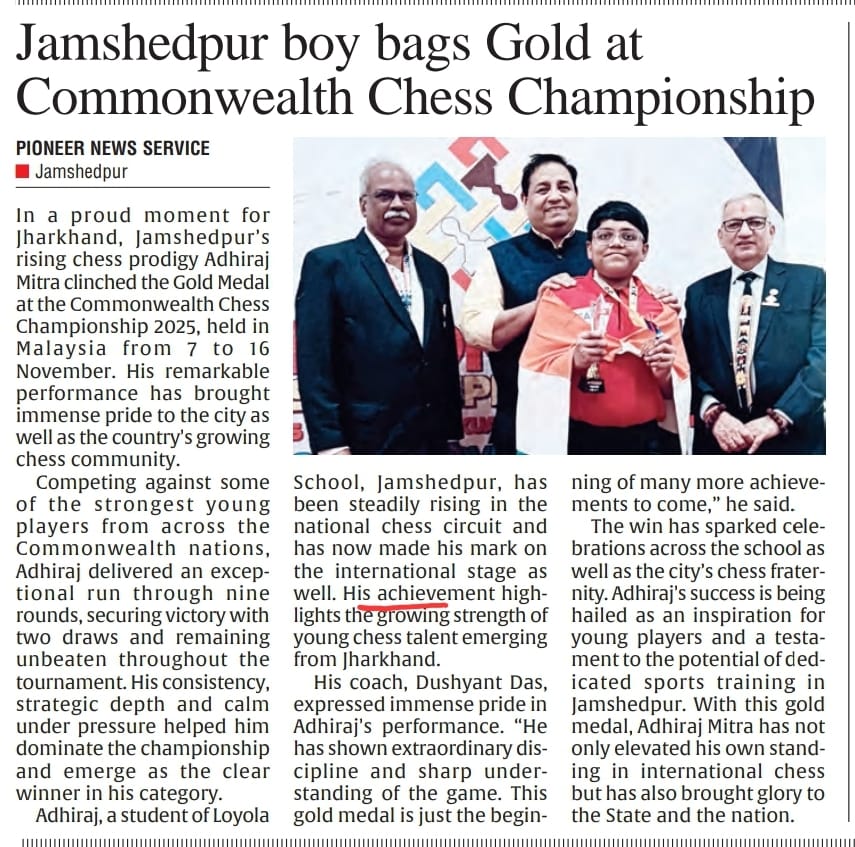 CISCE_Official's tweet image. Jamshedpur’s Adhiraj Mitra, a student of Loyola School, has won the Gold Medal at the Commonwealth Chess Championship 2025 in Malaysia.
His exceptional performance highlights the rising strength of young chess talents from CISCE affiliated schools.
#CISCEPride #StudentSpotlight