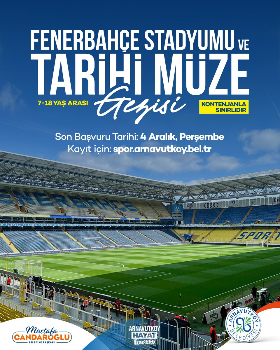 ArnavutkoyBel's tweet image. 💛💙 Gençler, Şükrü Saracoğlu’nun büyüsüne hazır mısınız?

7–18 yaş arası gençlerimizi, Fenerbahçe Stadyumu ve Tarihi Müze Gezisinde sarı-lacivert tarihin en özel anlarını keşfediyoruz.

Fenerbahçe ruhunu yerinde yaşamak isteyen tüm gençler için kaçırılmayacak bir fırsat!