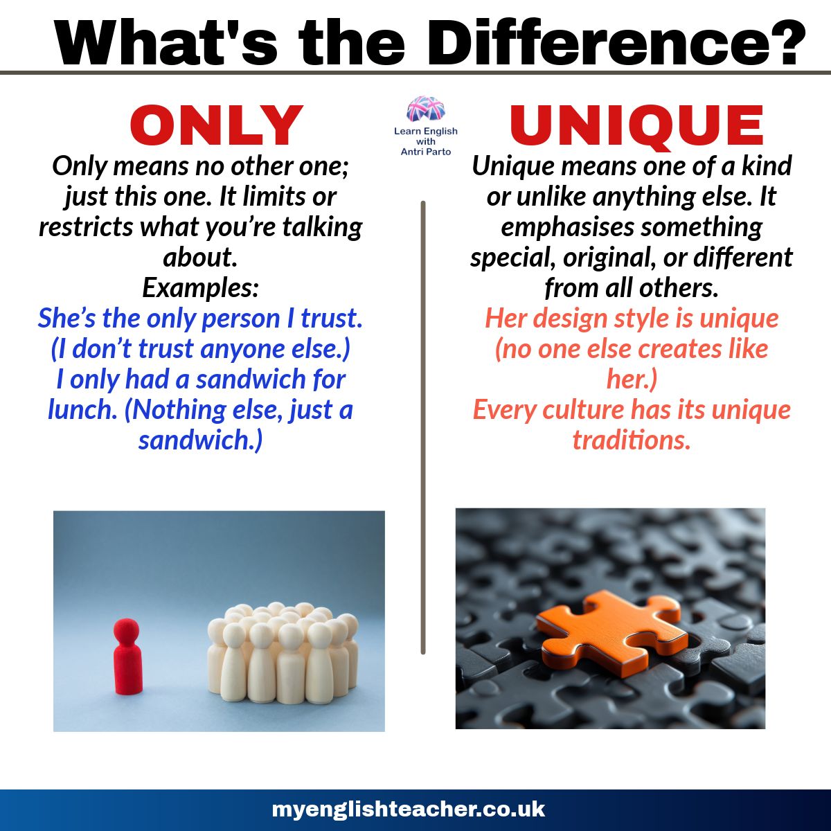 MyLinguaAcademy's tweet image. Ever wondered when to use “only” and when to choose “unique”? 🤔
These two little words look similar, but they don’t behave the same  
 buff.ly/8PNCMDy
#EnglishLesson #LearnEnglishDaily #EnglishVocabulary #FCEPreparation #CAEPreparation  #EnglishGrammar #StudyEnglish