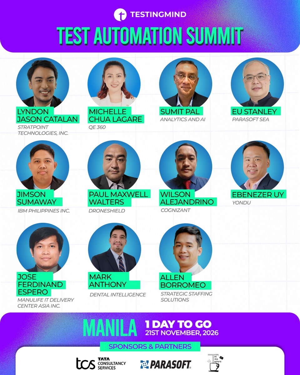 testingmindcon's tweet image. 🚨 Tomorrow: Manila turns into the global hub for AI &amp;amp; Test Automation!
Join 200+ QA leaders, SDETs &amp;amp; innovators at #TestAutomationSummit.
🔥 Final seats moving fast. Register now → lnkd.in/gsEyrYs9
#AITesting #QualityEngineering