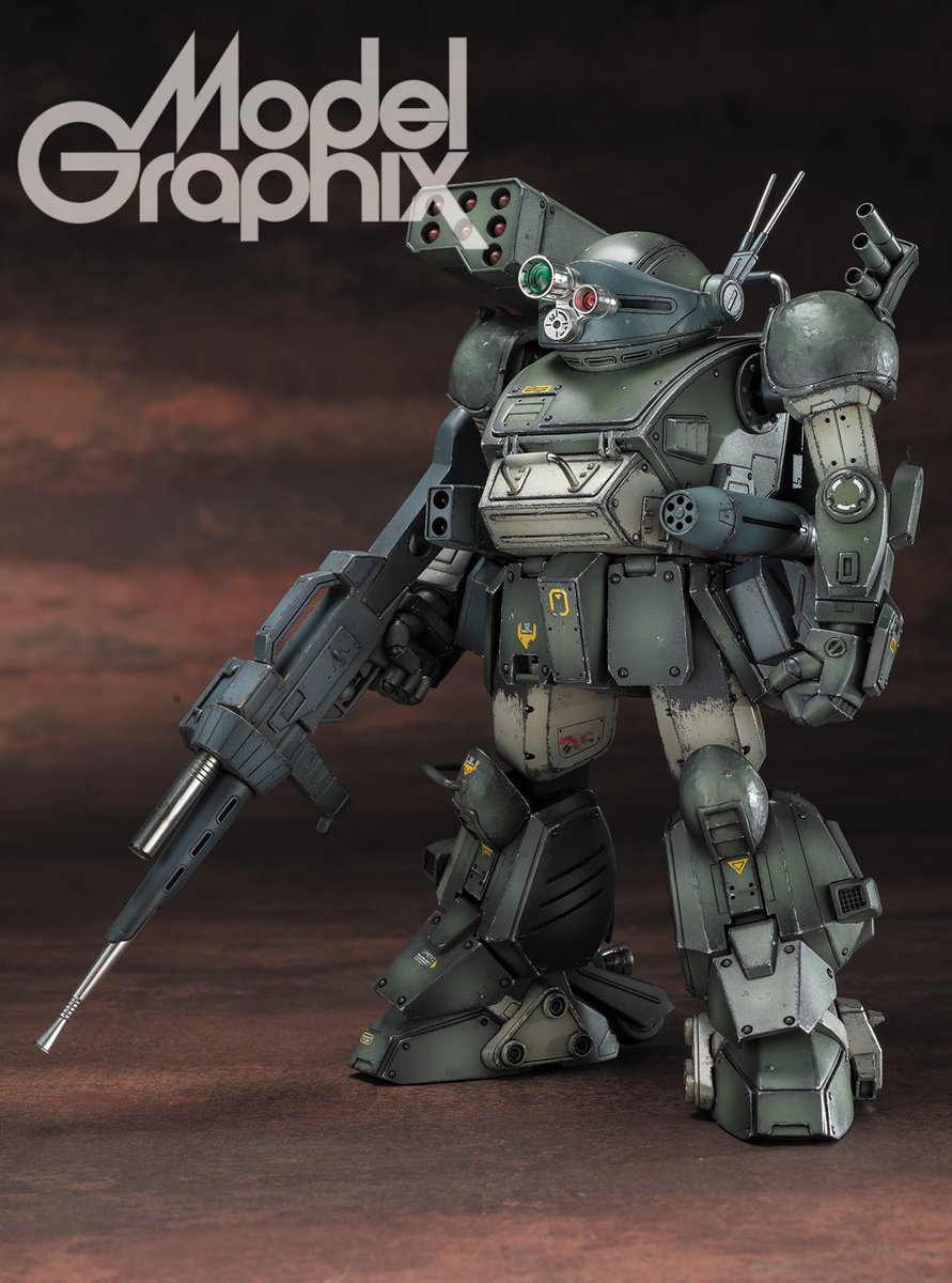 modelgraphix's tweet image. 【特集外作例4】ウェーブ 1/24 スコープドッグターボカスタム（キリコ機）／おくのや
ついに今月発売の新1/24ターボカスタム。人気機種だけに待望のキット化といえるアイテムを、おくのや氏が本誌デビュー作として製作！
こってりした陰影と、氏の好みによる濃いめの緑で濃厚な一体に仕上げています。