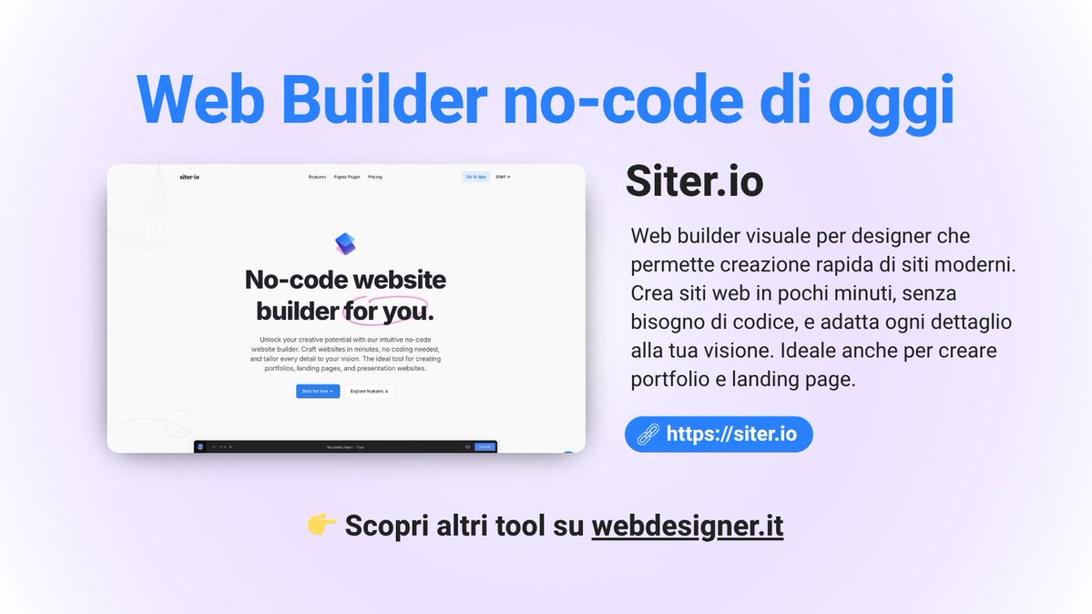 's tweet image. #Tooldioggi

Siter.io
Web builder visuale per designer che permette creazione rapida di siti moderni. Crea siti web senza bisogno di codice.

Scopri altri tool su webdesigner.it

#webdesign #nocode #uxdesign #webbuilder #webdesignerit #siterio