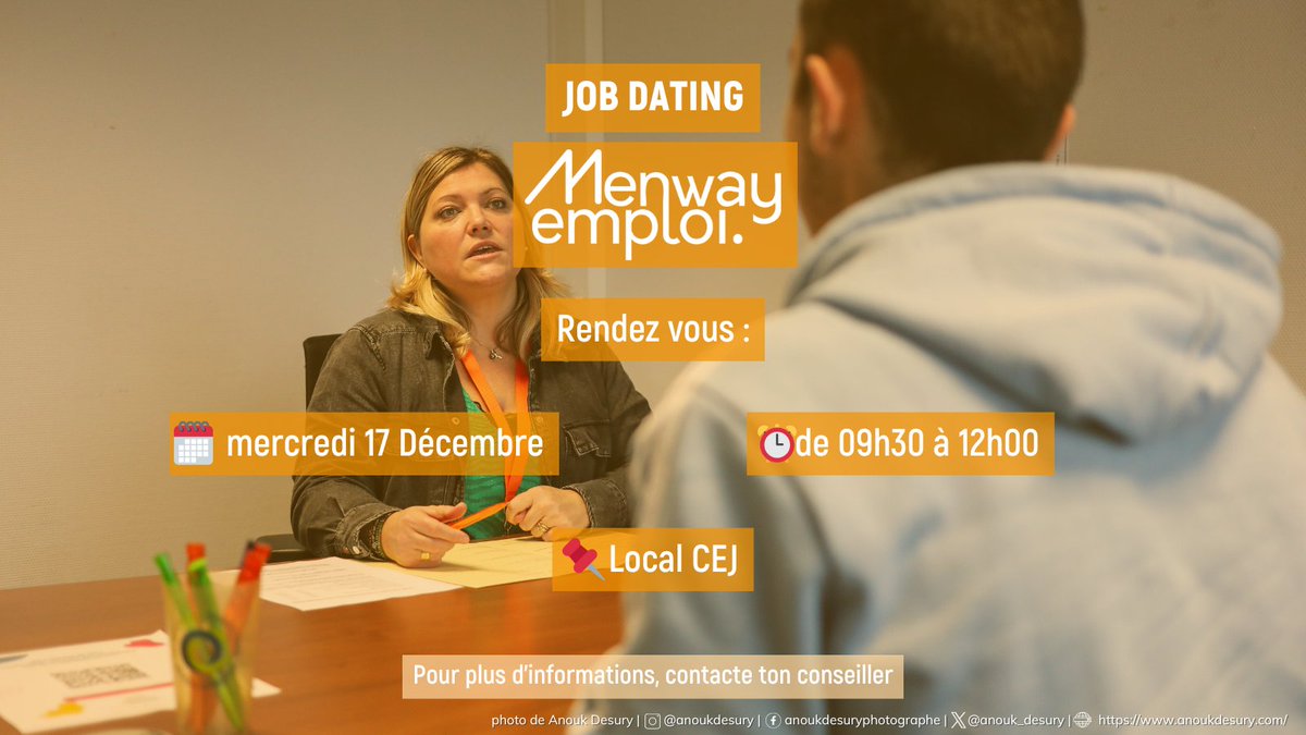 📣 Job Dating Menway – 17/12 (10h-12h)
Rencontrez Menway au Local CEJ et accédez à de nombreuses missions d’intérim (hors santé) partout en Haute-Savoie.
👉 Inscription : mlgenevois.org/inscription-au…
#MissionLocale #Emploi #Intérim #Menway