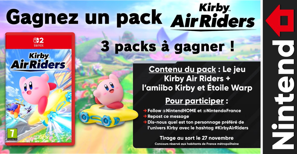 NintendHOME's tweet image. 🎁 Concours – Tentez de gagner Kirby Air Riders ainsi qu’un amiibo du jeu et partez faire la course à grande vitesse !

🔄 RT + Follow @NintendHOME et @NintendoFrance
#️⃣ Dis-nous quel est ton perso de Kirby préféré avec le hashtag #KirbyAirRiders
📅 Tirage le 27/11 (3 gagnants)