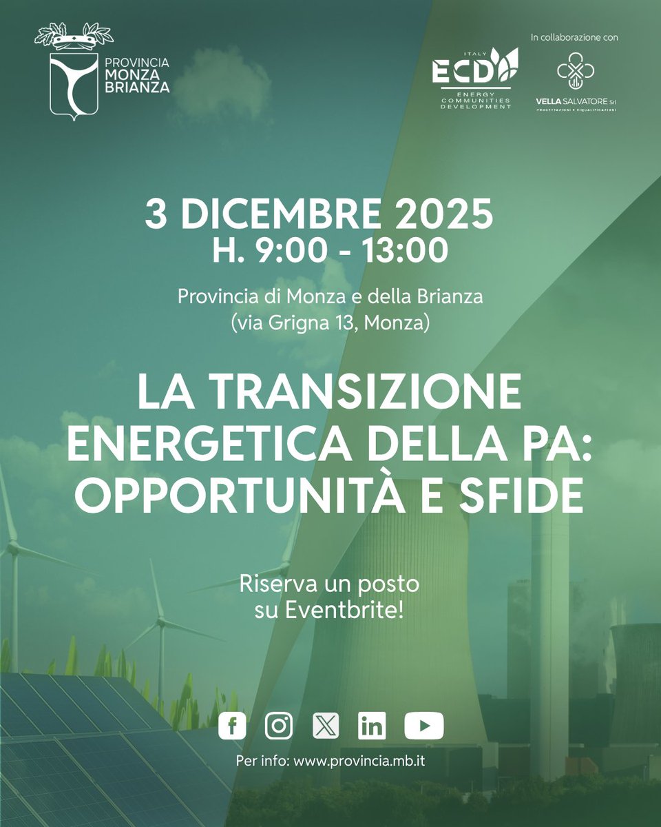 🌍 La transizione energetica nella Pubblica Amministrazione: opportunità e sfide
📅 3 dicembre 2025 | 9:30 – 13:00
📍 Provincia di Monza e della Brianza

📌 Iscrizione gratuita, scopri di più 👉 bit.ly/TransizioneEne…

#ProvinciaMB #TransizioneEnergetica #Sostenibilità