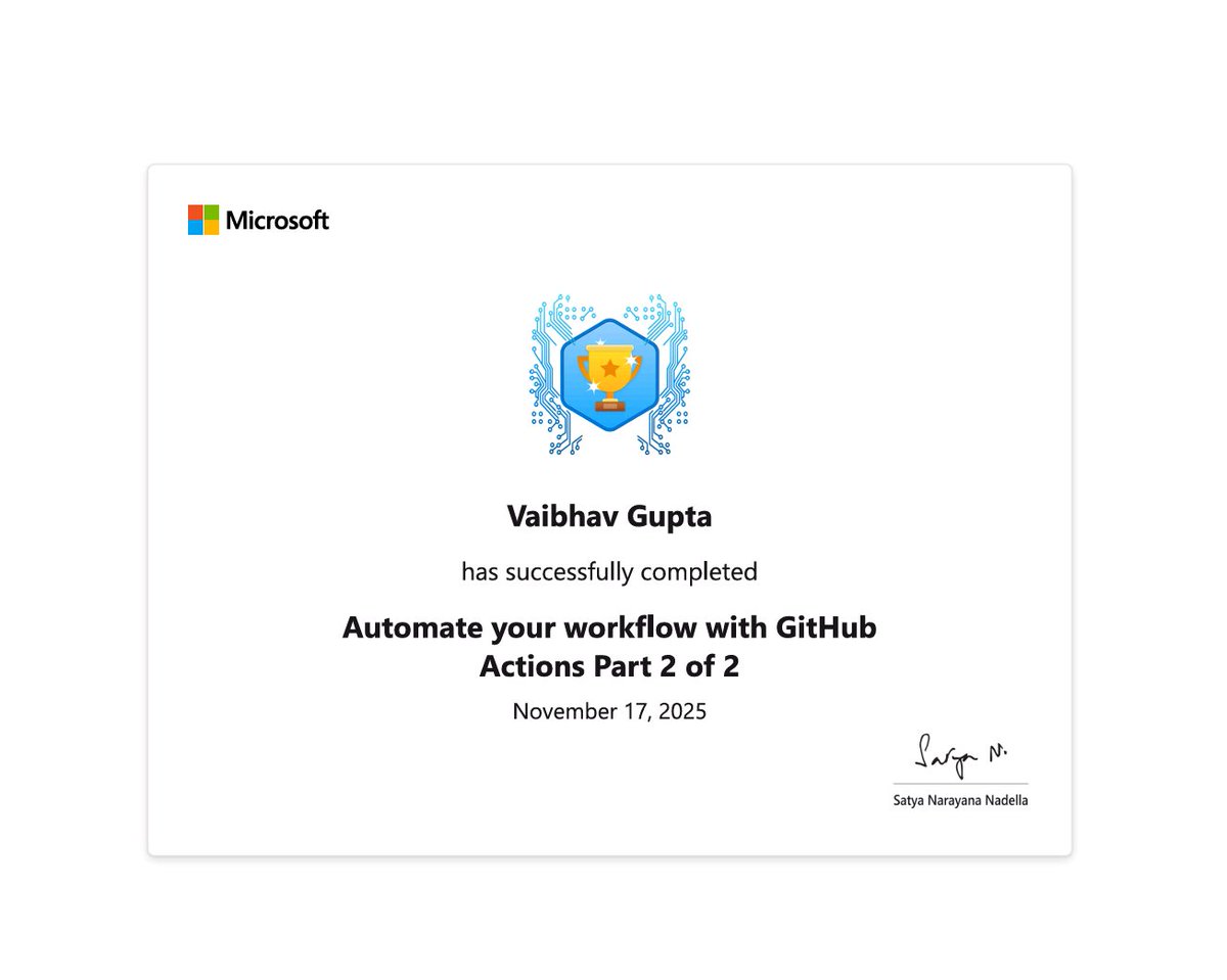 VaibhavGup44336's tweet image. 🎉 Completed: Automate your workflow with GitHub Actions (Part 2/2)

A great learning path by Microsoft that helped me sharpen my DevOps &amp;amp; automation skills. Key highlights:

#GitHubActions #DevOps #CI #CD #Automation #LearningJourney #SoftwareEngineering