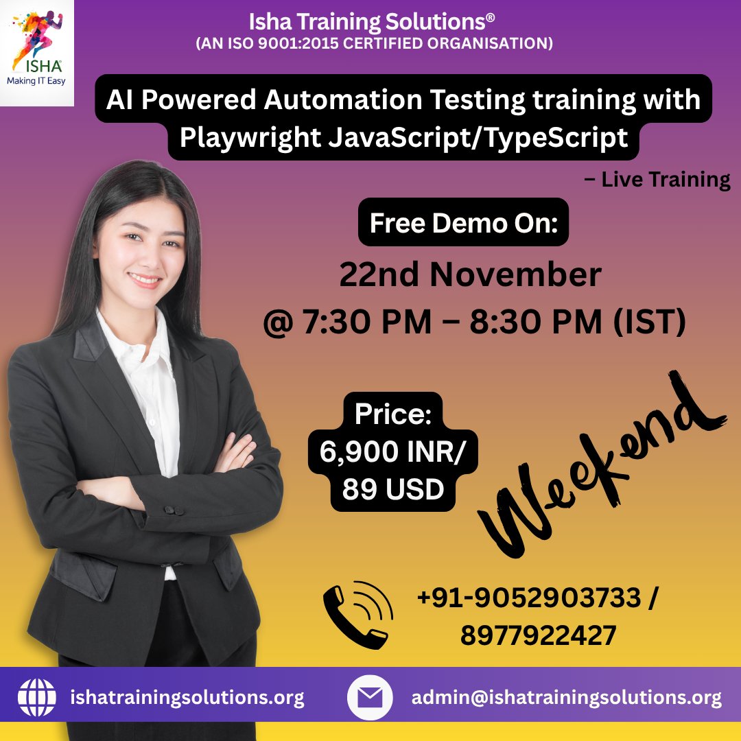 IshaKumargupta's tweet image. AI Powered Automation Testing training with Playwright JavaScript/TypeScript&quot; – Live Training
Free Demo On:22nd Nov @ 7:30 PM(IST)/22nd Nov @ 9:00 AM(EST)
For Registration
docs.google.com/forms/d/e/1FAI…
call/WhatsApp @ +91-9052903733
#AIAutomationTesting #AITesting #AIinSoftwareTesting