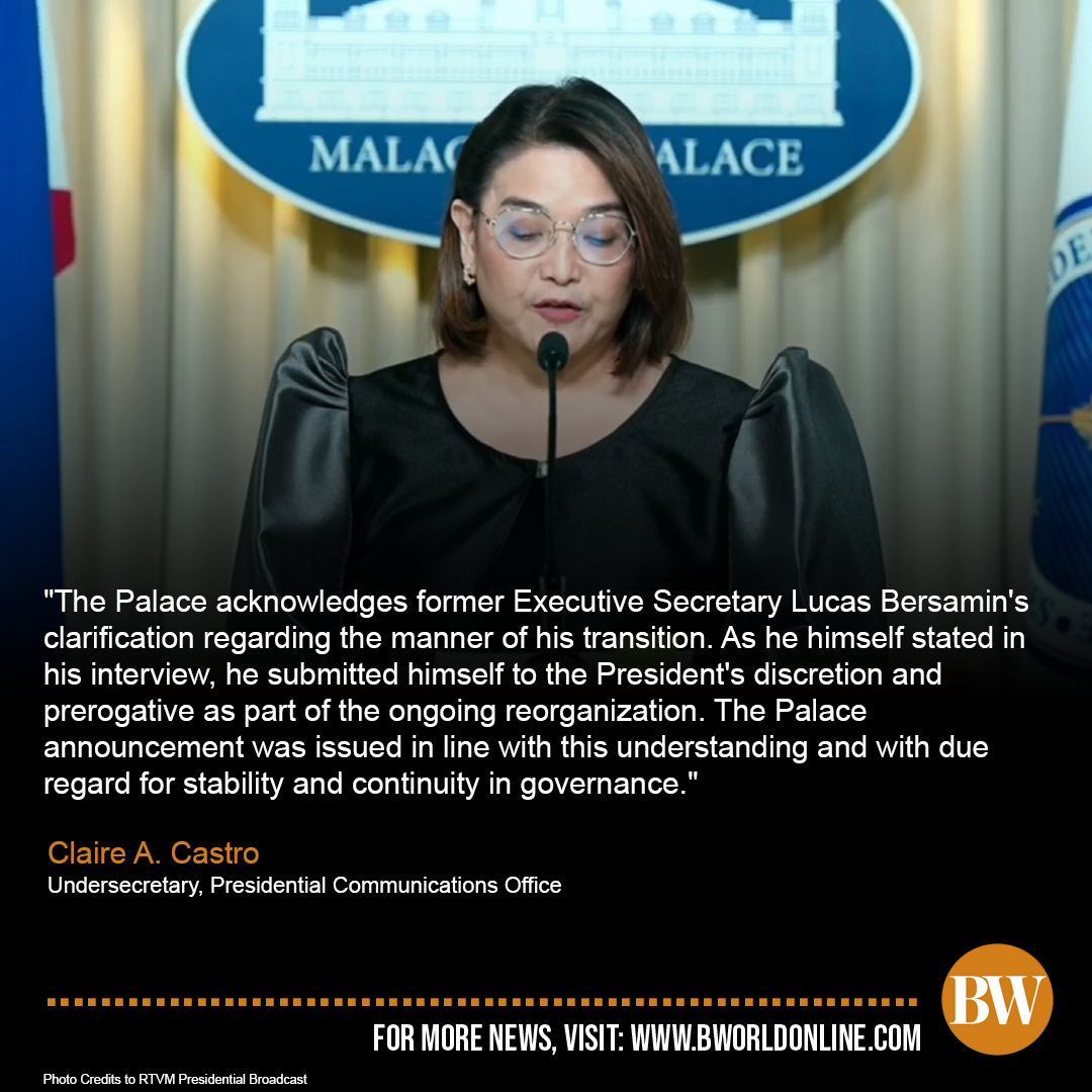 bworldph's tweet image. The Palace affirms former Executive Secretary Lucas P. Bersamin’s clarification on his transition, saying it was done under the President’s discretion as part of ongoing reorganization.

#LucasBersamin
#LeadershipTransition
#GovernmentUpdate
#PresidentialCommunicationsOffice
