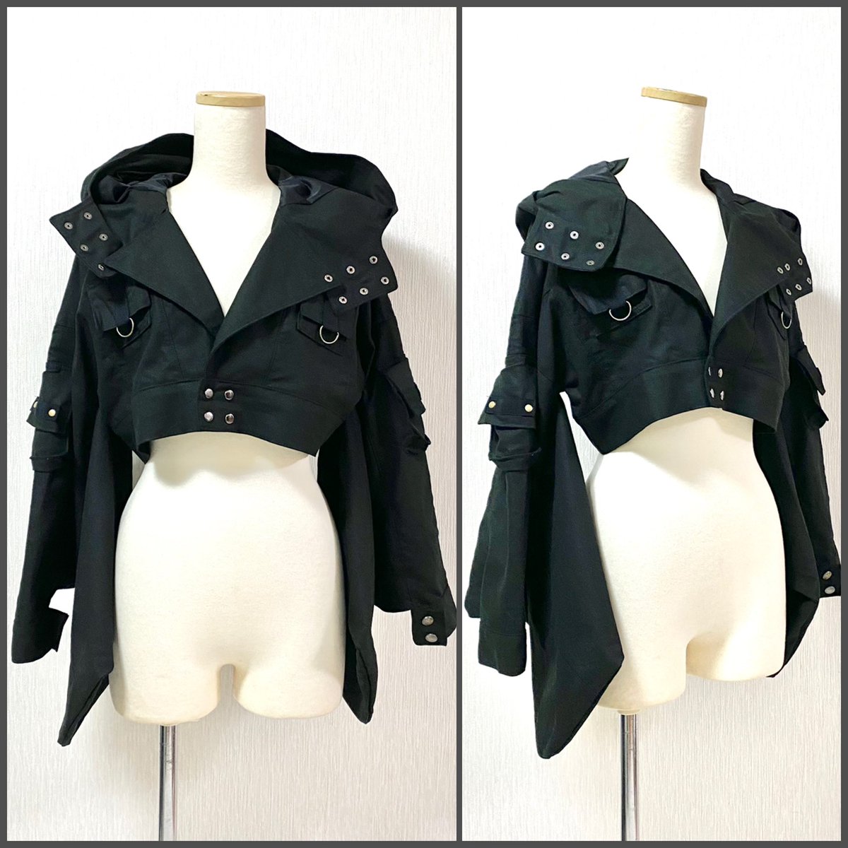 pananoise's tweet image. ライダース風襟のショート丈着物ジャケット
minne.com/items/40899802

大きなフードの首元は立ち襟風のデザイン、袖先にはカフスを付けています
立体ポケットで少しミリタリーな雰囲気も取り入れました
和装にも重ねられる造りです

#和装　#着物　#和洋折衷コーディネート